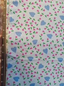 1.5 Yds Cotton Quilt Fabric Lt Blue With Hearts And Pink Flowers - Picture 1 of 3