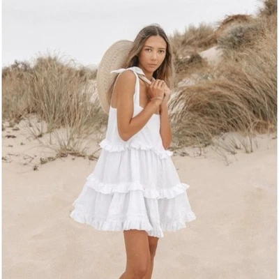 Vestido Babydoll de Lino MORTON MAC Australia Pequeño Niveles Playa Resort Costero Boho Foto 1 de 4