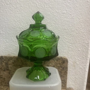 Fostoria Vetro Verde Smeraldo Moneta Punto 8 1/2" Matrimonio Ciotola Coperchio Barattolo Caramelle - Foto 1 di 7