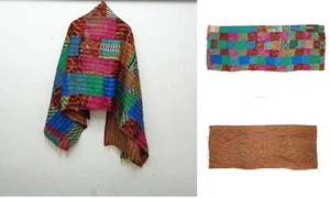 Silk Kantha Scarf Neck Wrap Stole patchwork Hand Quilted Women Bandanas band - Picture 1 of 6
