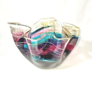 Scott & Laura Curry Signed/Mouth Blown Handkerchief Style Multicolor Glass Bowl - Picture 1 of 15