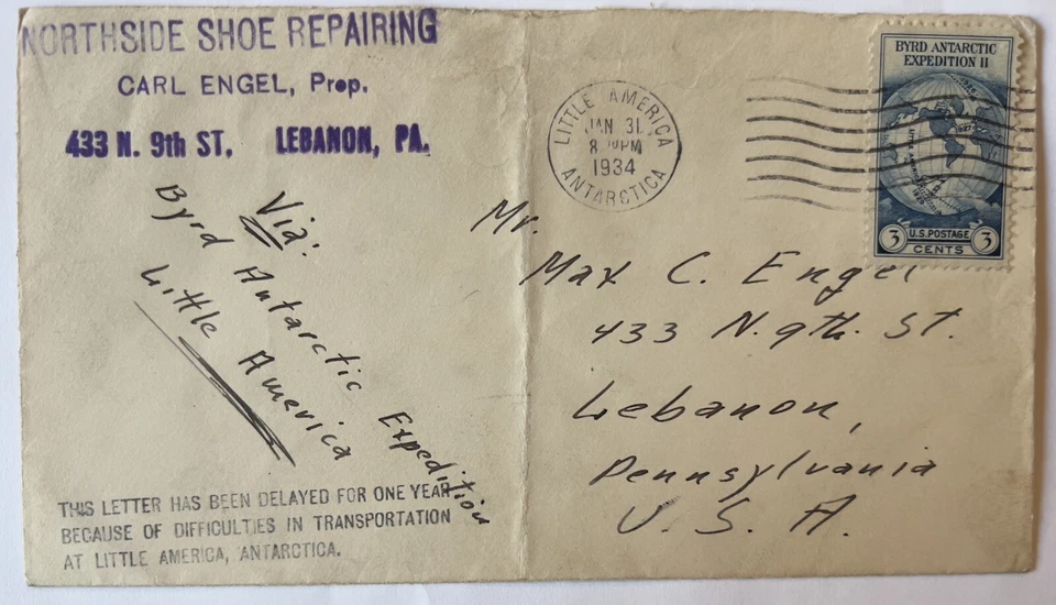 RARE 1934 LITTLE AMERICA COVER BYRD ANTARCTIC EXPEDITION ARRIVED 13 MONTHS LATE - Image 1 of 4
