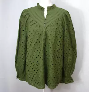 Pretty Garden Olive Green Eyelet Puff Sleeves Ruffled Boho Prairie Blouse Top XL - Picture 1 of 9