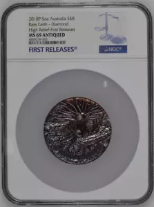 Moneta da 8 dollari rara terra 2018 5 oz argento altorilievo patina diamante dorato NGC MS69 FR - Foto 1 di 5