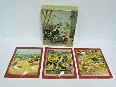 3 PUZZLE CHROMO SUR CARTON JEU ANCIEN 1900 BOITE D'ORIGINE VOITURE ANCIENNE - Photo 1/4