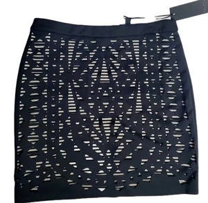 Greylin Women’s Black Laser Cut Mini Skirt S Cutout Striped Contrast Zip Hem - Picture 1 of 11