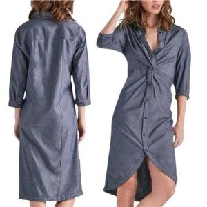 Vestido Camisa Midi Lucky Brand S Cuello Abotonado Nudo Torcido Cintura Azul Cambray - Imagen 1 de 16