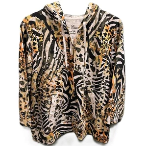 Felpa donna Onque Casuals taglia XL manica 3/4 cerniera felpa con cappuccio stampa zebrata nuova senza etichette - Foto 1 di 10