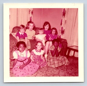 Vintage Photograph White & African American Girls in Fancy Dresses 3.5x3.5 1957 - Picture 1 of 2