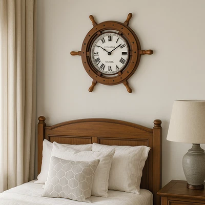 Reloj de Pared Rueda Barco Náutico 18" Madera Maciza y Latón Decoración Marítima Vintage Foto 1 de 4
