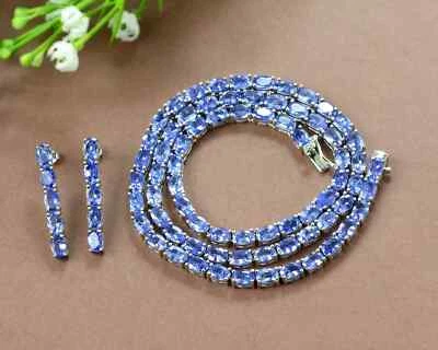 39.50 Ct Oval Cut Lab-Created Tanzanite Tennis Necklace Earrings Set 925 Silver - Image 1 of 4