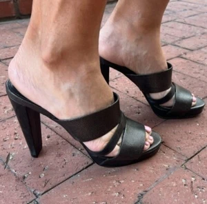 Cole Haan Platform Heels Mules Sandals Black Leather Size 7 - Picture 1 of 8