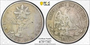 Moneda de Plata México 1871 Pi O Peso KM-408.7 PCGS Muy Muy Frasguño - Imagen 1 de 1
