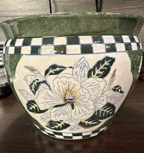 LARGE PORCELAIN Fish BOWL PLANTER VASE w/ Gold Fish And Flowers - Picture 1 of 10
