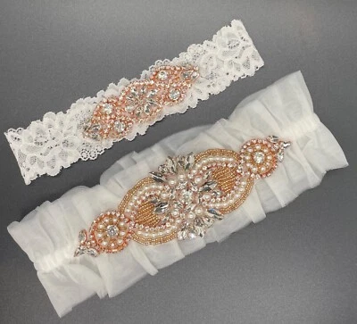 Bridal Garter Belt Set with Crystals Rosegold Glass Beads and Pearls - Brand New - Image 1 of 4