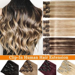 100% Clip In Real Remy Human Hair Extensions Full Head Silky Balayage Lowlights - Picture 1 of 38