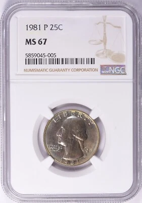 1981 P Washington Quarter NGC MS67 Light Rosy Toning - Image 1 of 3