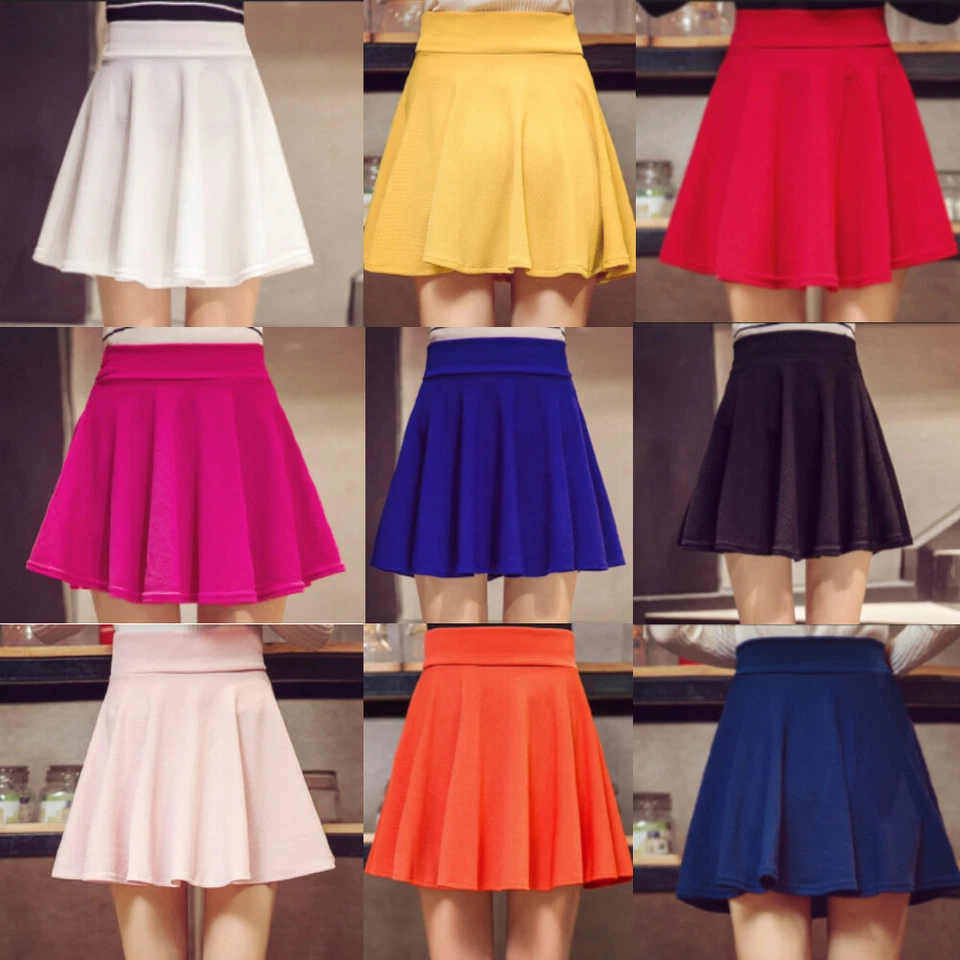 Damen Stretch Bund Minirock Hohe Taille Bequem Ausgestellt Skater Mädchen Röcke - Bild 1 von 4