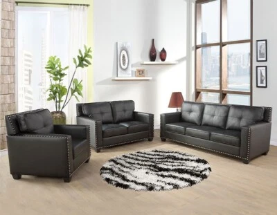 NEW Black 3PC Sofa Set Leather Gel Contemporary Modern Living Furniture Set - Image 1 of 4