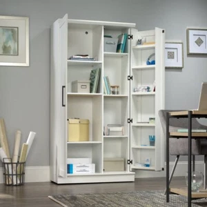 Tall Storage Cabinet w/ Door Shelves Wood Office Kitchen Pantry Organizer White - Picture 1 of 16