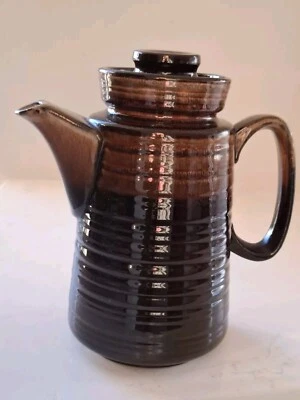 Brown Stoneware Pottery Coffee Pot 2 Tone Glaze Rippled Vintage MCM 1970s  1L  - Image 1 of 4