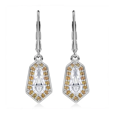 КРАСИВЫЙ!! Висячие серьги с муассанитом и желтым сапфиром 2,70 карата с родиевым покрытием - Изображение 1 из 4