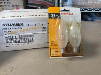 New Box Of 12 Sylvania Decor 25W B10 Candelabra Frost Light Bulbs 1500hrs - 120v - Image 1 of 4