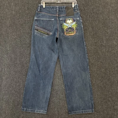 Mecca Jeans Men's 32x32 Blue Straight Leg Embroidered Back Pocket Skull Patch - Photo 1/4