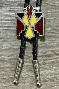Vintage Western Zuni Style Bolo Tie Enamel Thunder Bird w/ Braided Leather Cord - Picture 1 of 4