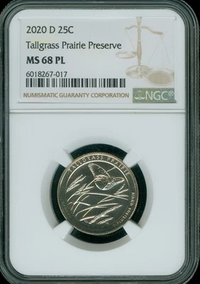2020 D 25c TALLGRASS PRAIRIE PRESERVE Quarter MS68 PL  NGC - Image 1 of 2