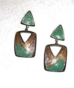 Pendientes perforados cuadrados colgantes esmaltados vintage 2" de largo - Imagen 1 de 4