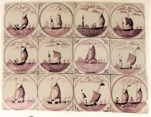 Antique Dutch Delft Tiles Fisherman & Boats Ship Manganese 18th/19th C Tile - Picture 1 of 50
