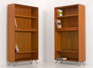 A Pair Vintage Mid Century Teak Book Case Display Drinks Cabinet on Hairpin Legs - Picture 1 of 2