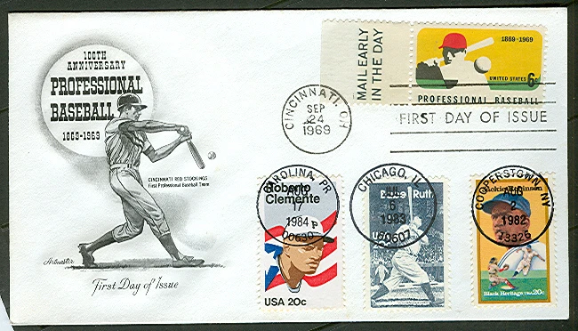US #1381/2097 4-in-1 BASEBALL FDC that took 15 years to complete Ruth & more - Image 1 of 1