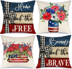 4Th of July Pillow Covers 18X18 Set of 4 Buffalo Plaid Bow Independence Day Deco - Picture 1 of 12