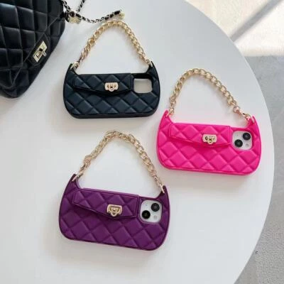 Grids Chain Wallet Case iPhone 14 Pro Max 13 Slot Silicone HandBag Cover Strap - Image 1 of 4