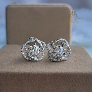 2.50 Carat Round Cut Moissanite Stud Earrings Solid 14K White Gold For Women - Picture 1 of 13