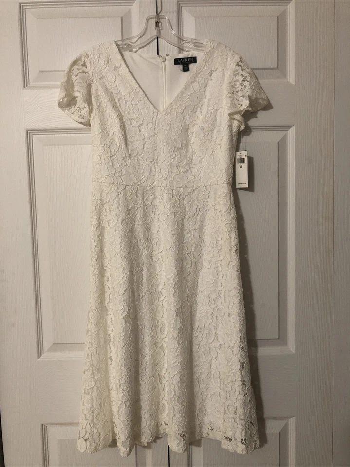 Unused Ralph Lauren Womens Petite White Lace Dress Size 2P V-Neck - Image 1 of 1