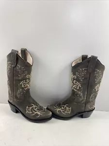 Old West Embroidered Leather Narrow Square Toe Pull On Western Boots Girls 13.5D - Picture 1 of 8