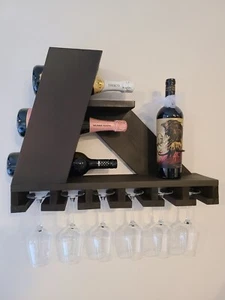 Modern Wall Mounted Wine Bottle & Glass Wood Rack - Picture 1 of 6