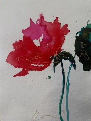 原版花卉抽象绘画2画廊纸91/2x13签名 — 第 1/4 张图片