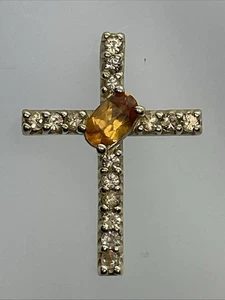 Solid 10K Yellow Gold Citrine & Smoky Quartz CROSS Religious Charm Pendant 0.9gr - Picture 1 of 22