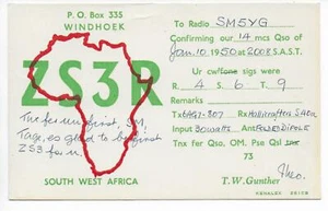 Radio QSL ZS3R Windhoek Sudáfrica Sudoeste Ham 1950 Theo Gunther 30 vatios DX SWL - Imagen 1 de 1
