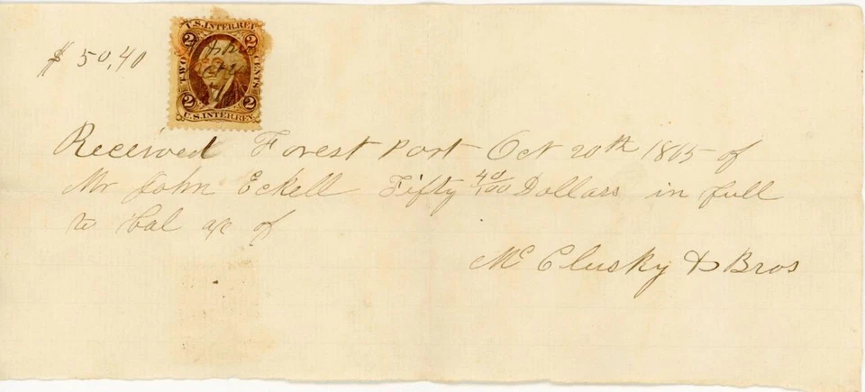US document receipt revenue Forest Port 1865 fiscal - Image 1 of 1