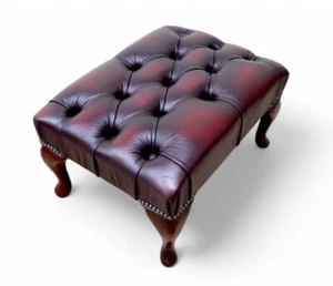 Chesterfield Queen Anne Footstool Pouffe Real 100 % Leather Antique Red Oxblood - Picture 1 of 2