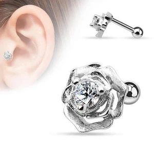 16GA 1/4" CZ Centered Flower Surgical Steel Cartilage Tragus Barbell A145 - Picture 1 of 1