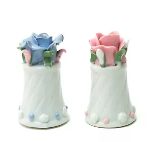 Vintage Rose Flower Porcelain Salt and Pepper Shakers Pink Blue - Artmark - Picture 1 of 4