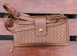 New Brown Cross Body Wallet Purse Removable Strap Gold Polka Dot Lining 8x5 - Picture 1 of 6