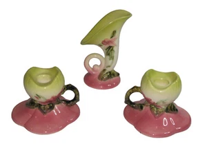 Vtg Hull USA Pottery Woodland Chartreuse Pink 3-pc Lot Mid-Century Signed W30 W2 - Picture 1 of 10