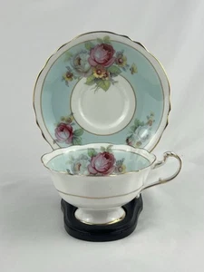 VTG Paragon Bone China DBL WARR Blue Gold Pink Cabbage Rose Teacup & Saucer EUC - Picture 1 of 10